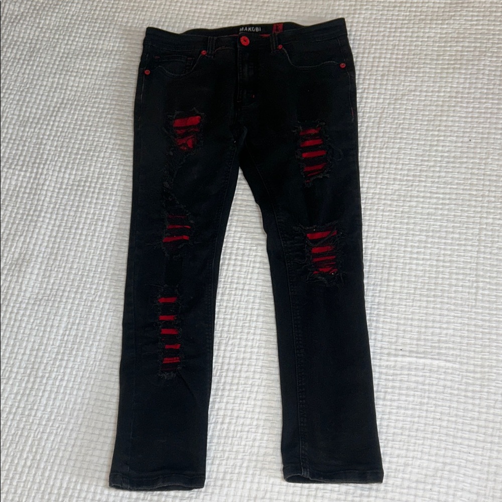 Men's Black and Red Distressed Skinny Jeans  Size 34X32
